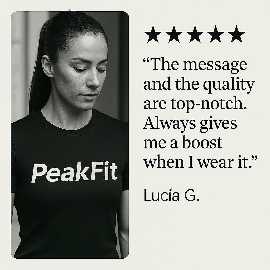 Customer testimonial image featuring Lucía wearing a PeakFit shirt and giving a 5-star review.