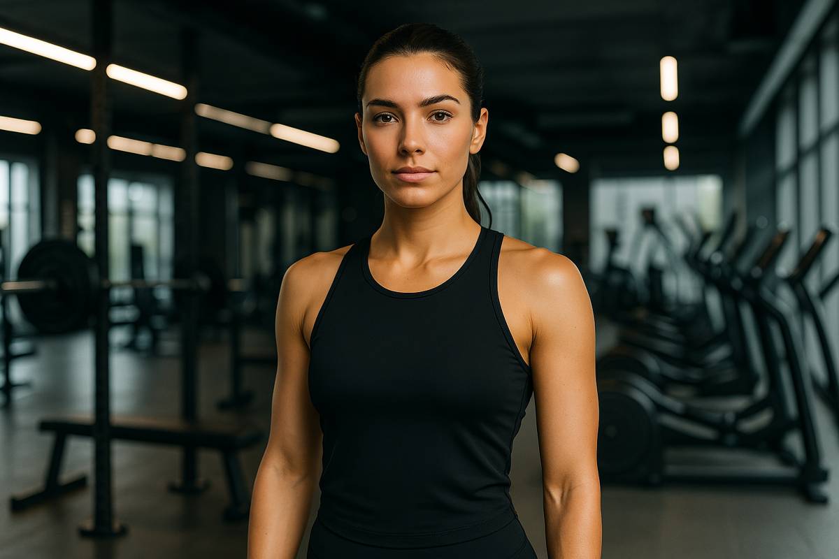 PeakFit activewear - female fitness model wearing black tank top in gym