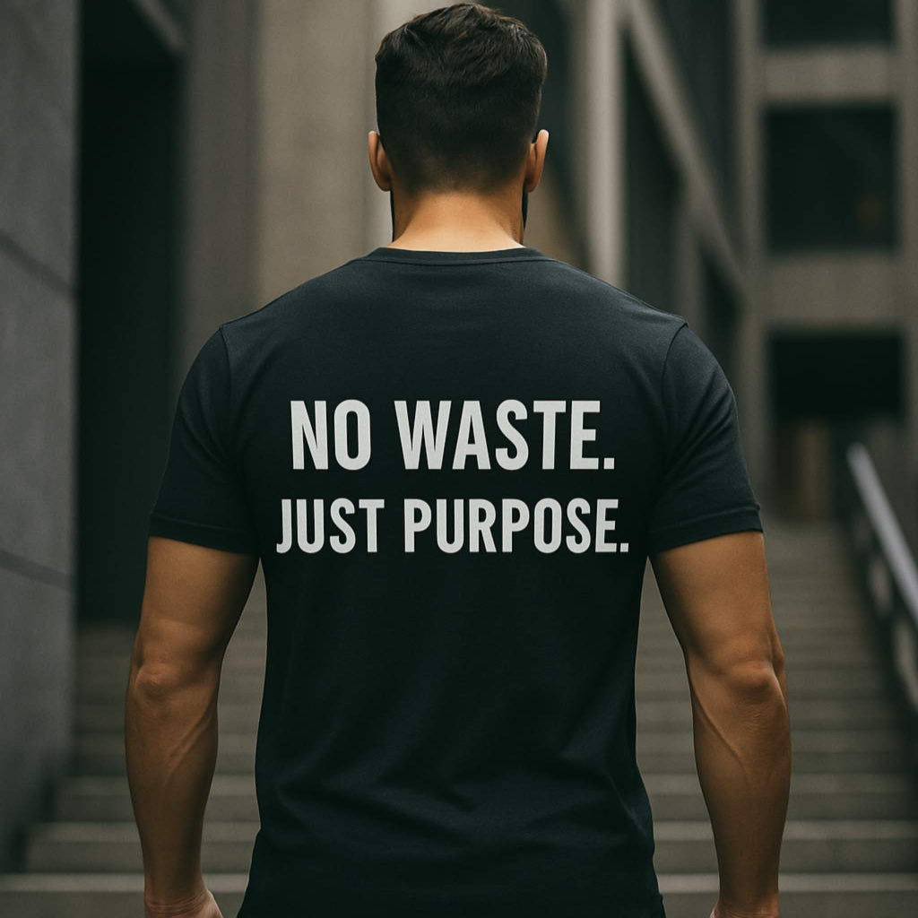 Back view of man wearing eco-friendly PeakFit shirt with quote No Waste Just Purpose. Sustainable fitness clothing.